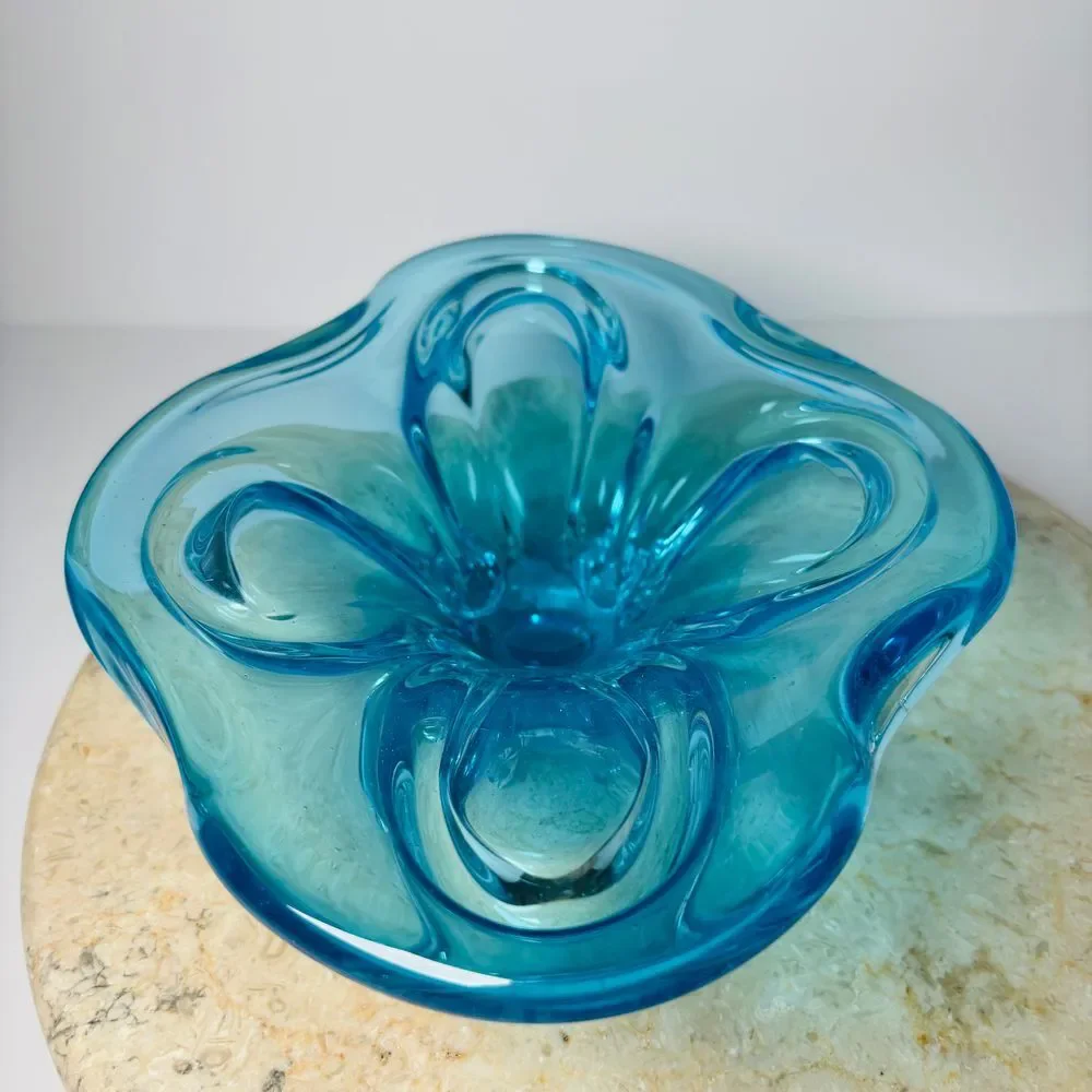 Vintage Murano Sommerso Blue Glass‎ Abstract Decorative Bowl MCM 60s 70s